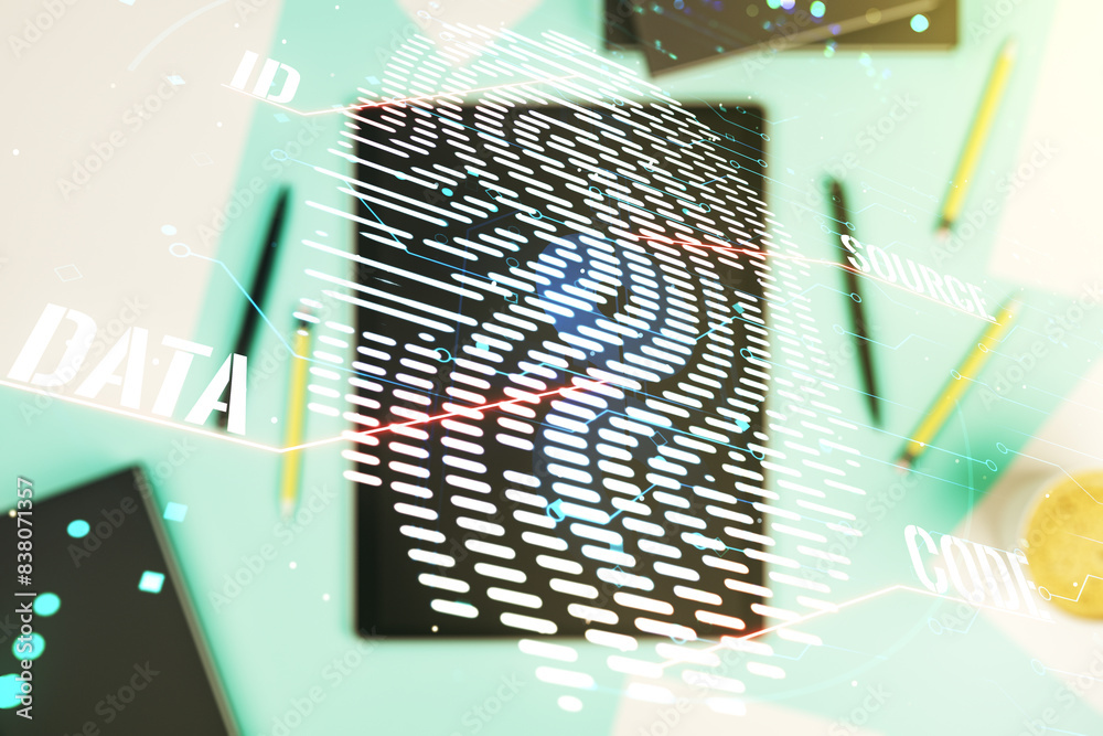 Poster double exposure of abstract creative fingerprint hologram and digital tablet on background, top view