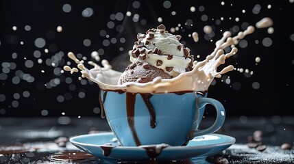 an ice cream and chocolate treat on a black backdrop in a blue coffee cup with milk splattering on top, Generative AI.