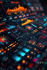 Obraz premium Futuristic Data Visualization Dashboard with Colorful Graphs and Charts, High-Tech Interface, Digital Analytics, Big Data Analysis, Technology Background, Modern UI/UX Design, Abstract Concept