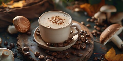 A white coffee cup with a brown and white swirl pattern sits on a wooden table. The table is covered with coffee beans, mushrooms, and leaves. The scene conveys a cozy and inviting atmosphere