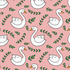 Cute hand drawn Swan and Flowers - vector print. Seamless pattern with cartoon swan, flowers, leaf