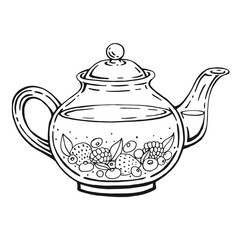 Teapot of tea with healthy tea, berries. Hand drawn vector illustration in outline style.
