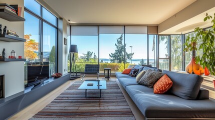 Fototapeta premium Modern living area with stylish gray seating and a big window with a beautiful view
