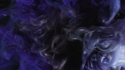 Glitter ink water. Night mist. Defocused blue purple color shimmering particles texture smoke cloud floating on dark black abstract art background.