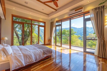 Fototapeta premium Bright and airy room with large windows providing wide scenic views, calm and peaceful atmosphere