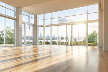Fototapeta premium Large open space with sunlight streaming through wide windows, offering a peaceful and expansive view