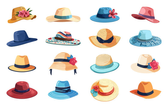 Summer hats and caps. Beach female headwear. Women fashion hat with flowers. Straw fashion accessories with ribbons. Colorful vector clipart