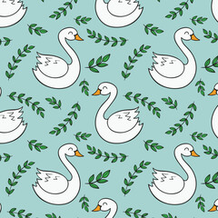 Obraz premium Cute hand drawn Swan and Flowers - vector print. Seamless pattern with cartoon swan, flowers, leaf