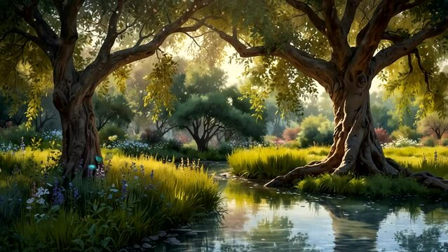 Willow Forest Background with Weeping Branches
