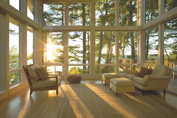 Sunlit room with large windows providing broad, serene views, creating a calm and peaceful feel