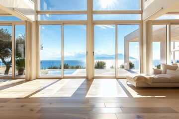 Fototapeta premium Large sunny room with expansive views through broad windows, minimalist and serene