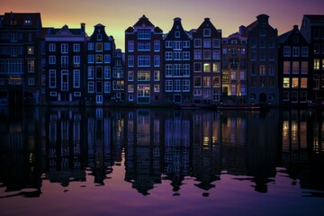 Obraz premium a row of traditional Dutch houses at twilight with reflections in calm water, evoking a peaceful ambiance