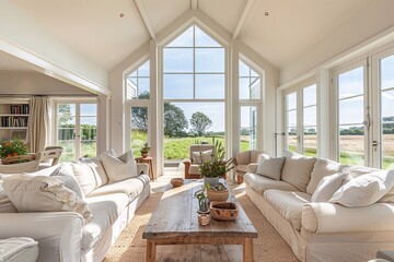 Fototapeta premium Bright and airy space with wide windows providing tranquil views, sunlit and peaceful