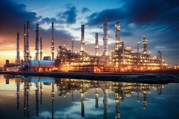 Naklejka premium an industrial complex with smokestacks and structures, reflecting on water at sunset in an industrial setting