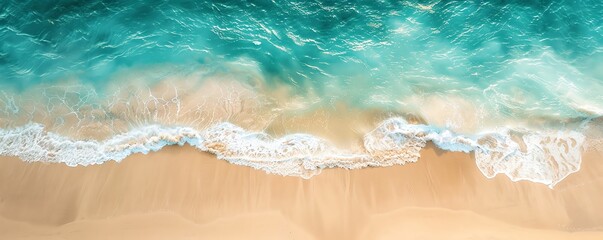 Obraz premium Aerial view of ocean waves gently crashing on a sandy beach, showcasing the beauty and tranquility of the coastline.