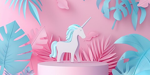 Naklejka premium Pastel Unicorn Sculpture with Tropical Leaves