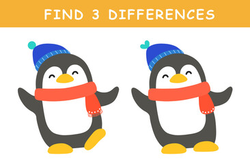 Find 3 differences in illustration. Educational activity with cute penguin illustration. Spot difference. Educational fun game for children.