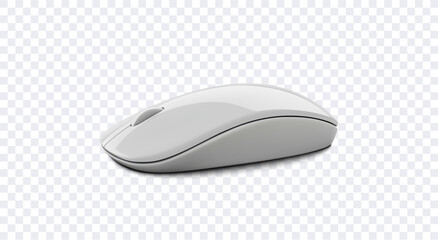 Realistic 3D of a sleek, modern white wireless computer mouse on a transparent background. The mouse is designed with a smooth, minimalist shape and features a scroll wheel. Vector illustration
