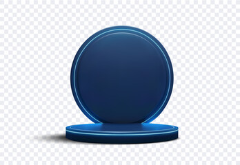 3D of a futuristic dark blue circular pedestal with neon blue lighting on a transparent background. The pedestal can be used as a product display stand or a futuristic design element. Vector
