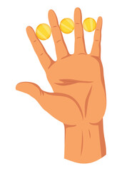 Hand with coins. Money donation, charity or investment. Coins or cash in hand. Colorful flat vector illustration with isolated on white