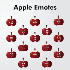 Red apple character face emoji set, collection. Cartoon garden fruit facial expressions. Happy, laugh, waving hand, surprised, cute friendly comic personage for game or kid's menu. Vector illustration