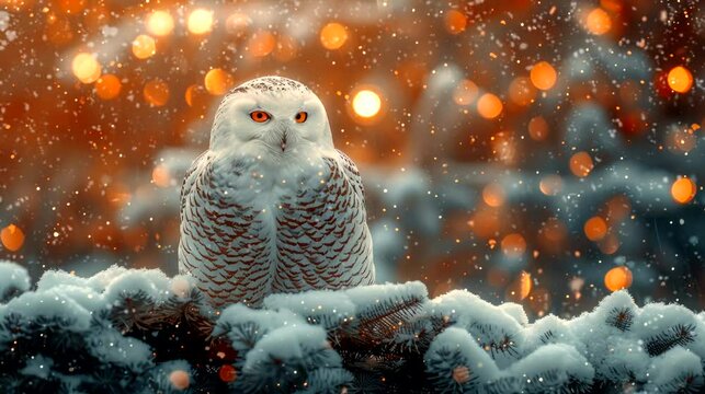 white owl  Christmas. Background in white snow with landscape home Christmas red and yellow tones. seamless looping time-lapse virtual 4k video animation