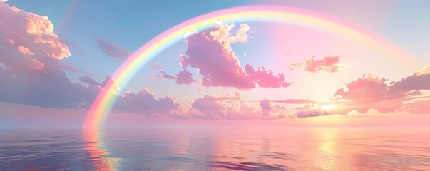 Spectacular rainbow arching over calm ocean at sunset, with pink clouds and a serene atmosphere. Perfect for nature, peace, and tranquility themes. © pprothien