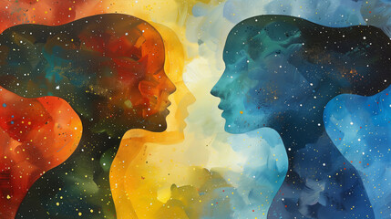  two silhouetted profiles facing, their faces turned toward each other. Against a backdrop of swirling cosmic energy, stars, and nebulae. juxtaposition of human connection and vastness of universe inv
