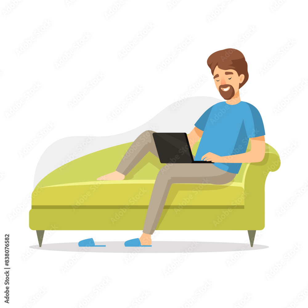 Sticker man sitting on sofa freelancer working on sofa sitting with laptop