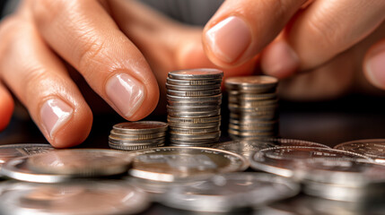 Precision Savings. A hand meticulously stacks coins into a neat tower, symbolizing financial management and frugality.
