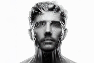 man face in polyethylene Isolated on white background