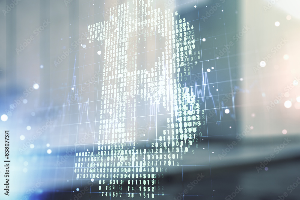 Poster Virtual Bitcoin sketch on blurry contemporary office building background. Double exposure