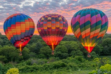 Fototapeta premium Three Colorful Hot Air Balloons Soaring Over Green Trees at Sunset