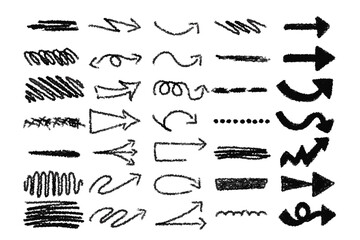 Set of grunge directional arrows, underlines, and squiggly lines isolated on white background. Hand written childish arrow pointers, crayon shapes, scribbles, doodle design elements. Vector.