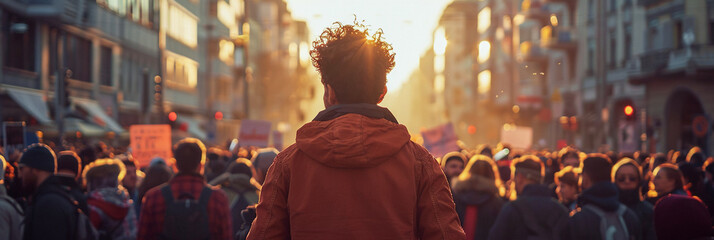 Protest political rally on a city street, individuals carrying posters for climate action, crowd united for a cause