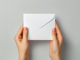 Elegant Greeting Card Mockup, Depicting a Blank White Square Card Held by a Female Hand. Stylish Blurry Background, Ideal for Text Entry and Celebration Messages.