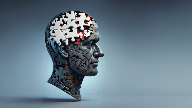 human head in profile view, made with puzzles, critical thinking, decision-making, and problem solving skills concept