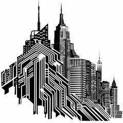 An abstract black-and-white logo featuring a circuit board design forming the outline of a skyscraper, symbolizing technology, connectivity, and New York City's urban environment.