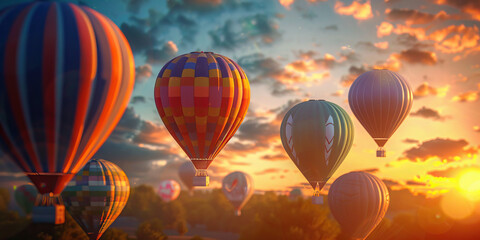 Obraz premium A flock of colorful hot air balloons drifts serenely through the sky at sunset
