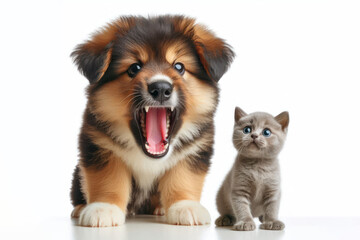 Obraz premium angry dog bark at little kitten Isolated on white background