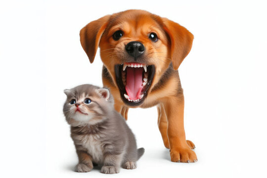 angry dog bark at little kitten Isolated on white background