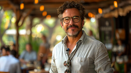 Fototapeta premium Smiling man with glasses in cafe, bokeh background