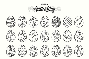 Line art vector Easter eggs icons set doodle style. Happy Easter hand drawn isolated on white background.