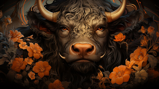 Detailed close-up view of the Taurus zodiac symbol, representing strength and determination. Taurus, ruled by Venus, is associated with qualities of stability and reliability.