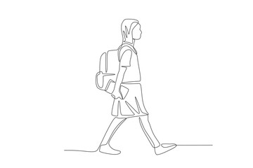 Girls walking to school. Back to school concept one-line drawing