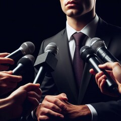 Fototapeta premium Press conference with media microphones man, politician concept