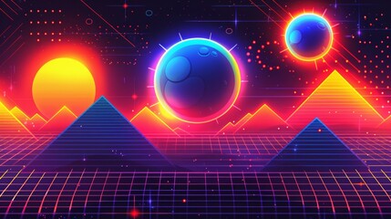 Digital retro landscape 1980's style retro wave sunset and mountain. Futuristic cyber surface. 80s Retro Sci-Fi background. View illustration in retro futuristic in the style of the 80-90s.