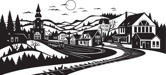 Serene Countryside Vistas Iconic Logo Design and Graphic Art Rural Charm Vector Illustration of Small Town Life