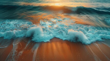 Beach scene at sunset, featuring gentle waves lapping against the shore