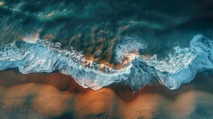 Beach scene at sunset, featuring gentle waves lapping against the shore